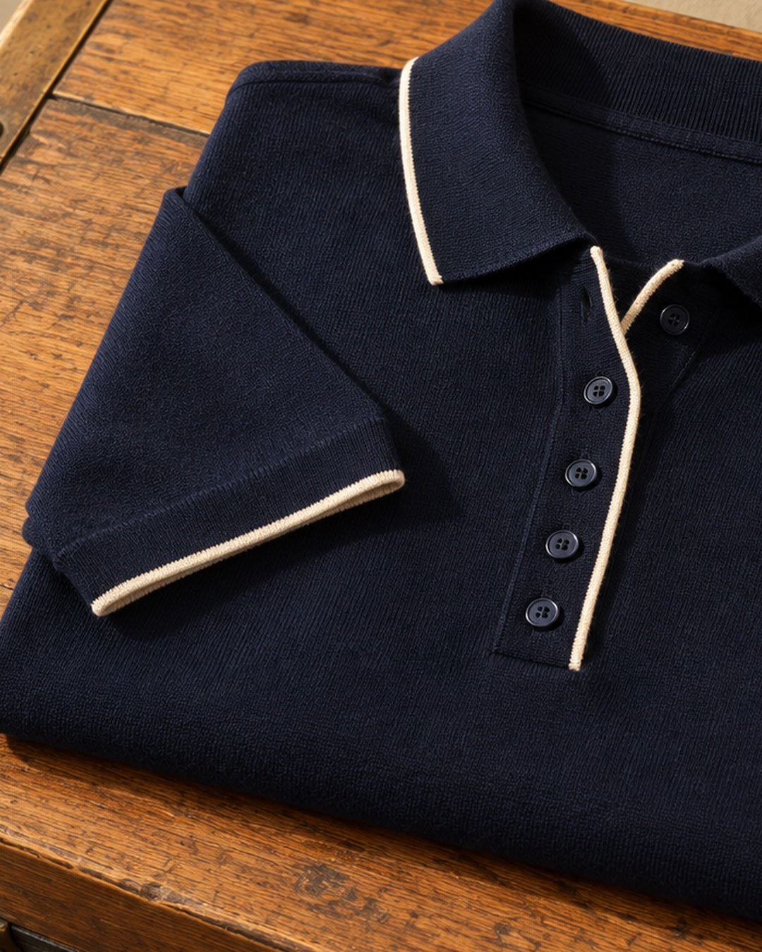 Close view of a navy knit sweater polo folded on a wooden trunk, showing the cream tipped collar and cuff and the five-button placket