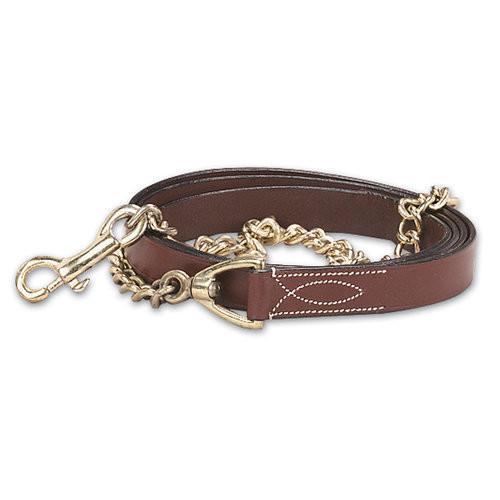 Brown leather lead with white stitching and a brass-toned chain and snap, coiled on white
