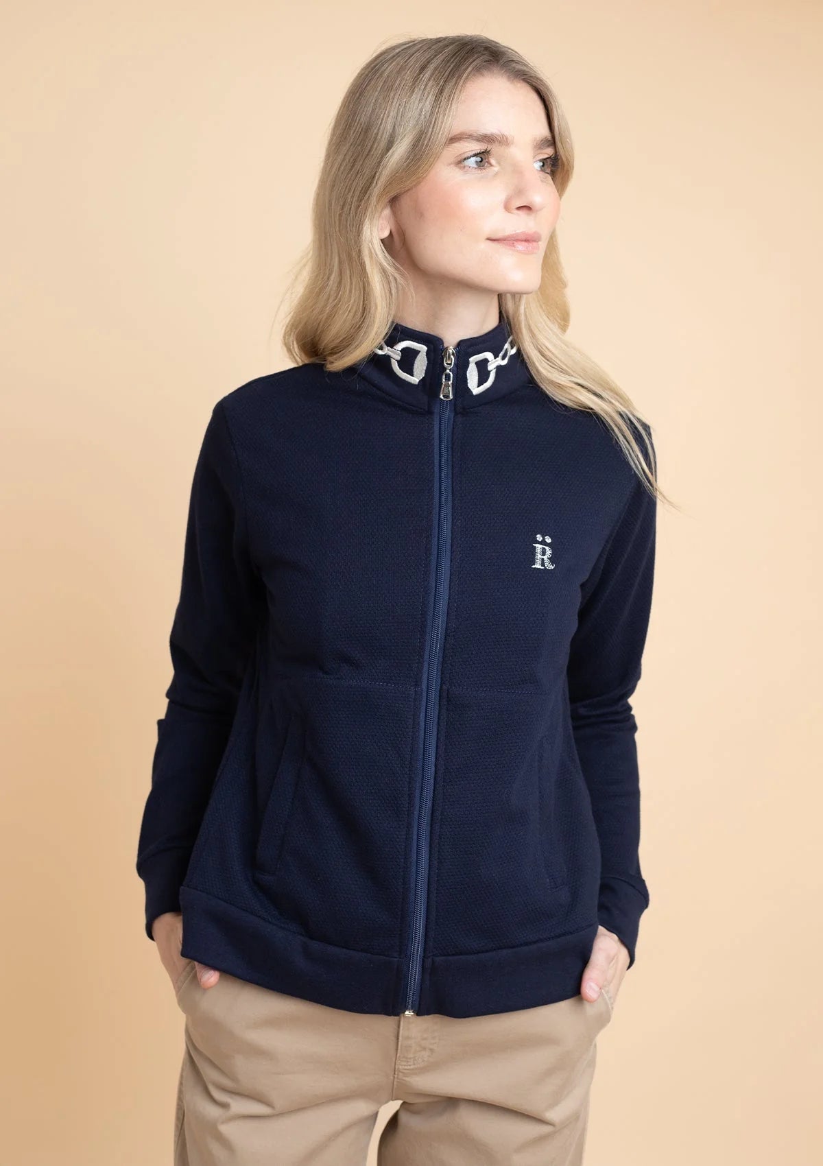 Harmonia Embroidered Zip-Up Jacket in Navy