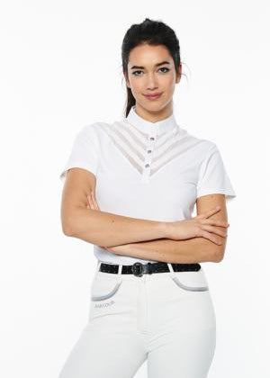 White short sleeve competition shirt with sheer chevron panels at the chest, model with arms crossed