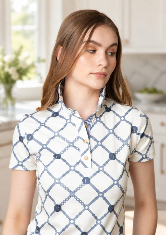 Mulberry Polo Shirt in Beltina Print in a bright country kitchen