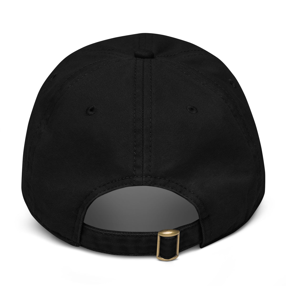 Canter & Crest Signature Crest Cotton Cap in Black, rear view showing the adjustable fabric strap and antique brass buckle
