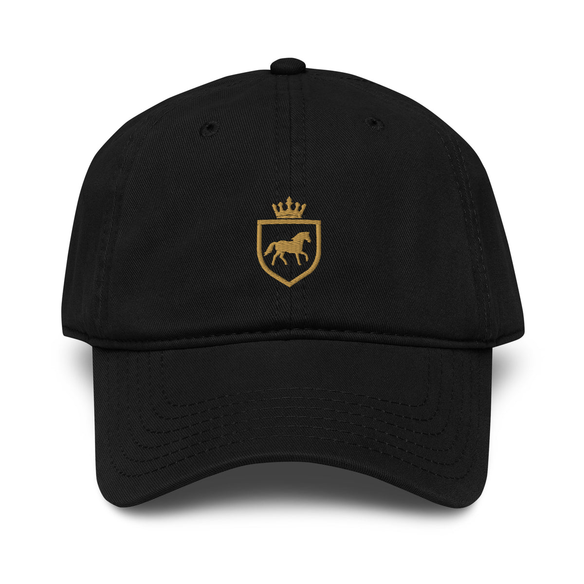Canter & Crest Signature Crest Cotton Cap in Black, front view, Signature crest embroidered in metallic gold thread