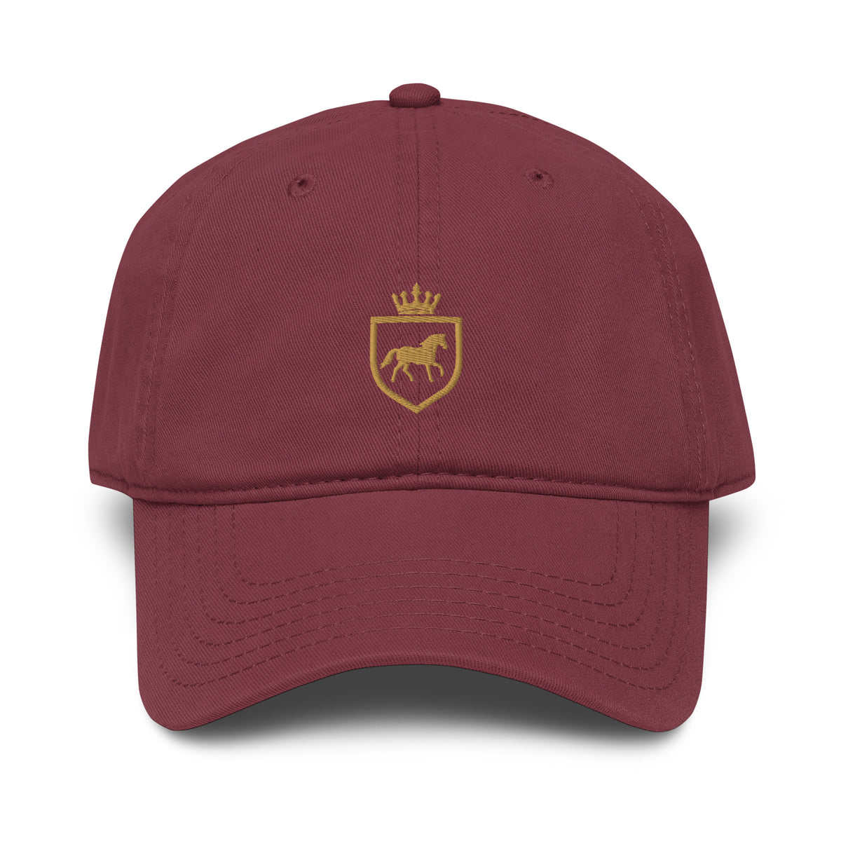 Canter & Crest Signature Crest Cotton Cap in Maroon, front view, Signature crest embroidered in metallic gold thread