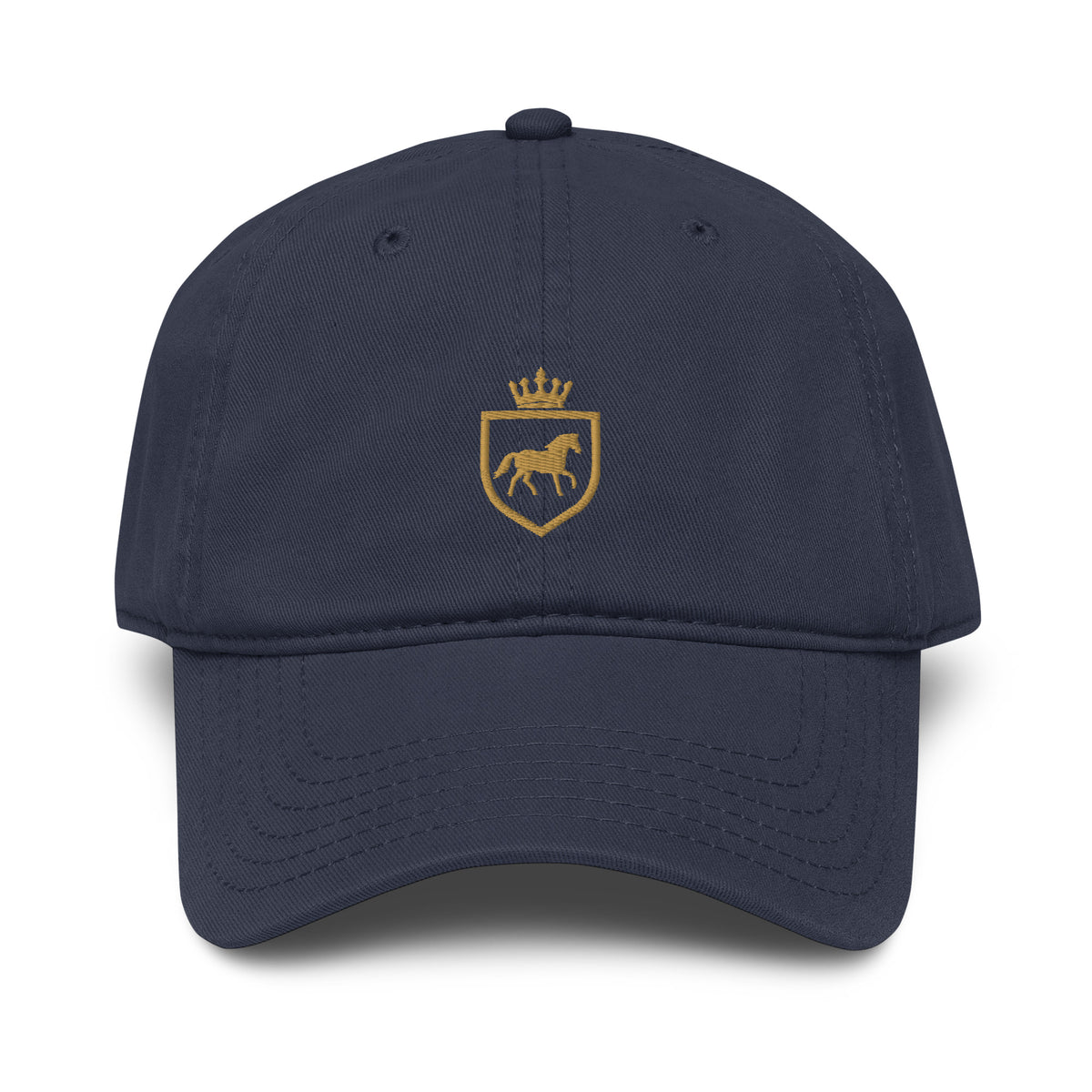 Canter & Crest Signature Crest Cotton Cap in Navy, front view, Signature crest embroidered in metallic gold thread