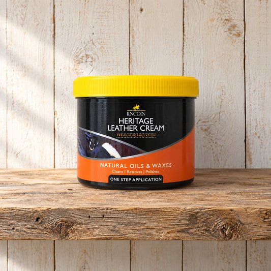 Lincoln Heritage Leather Cream tub on a rough wood shelf